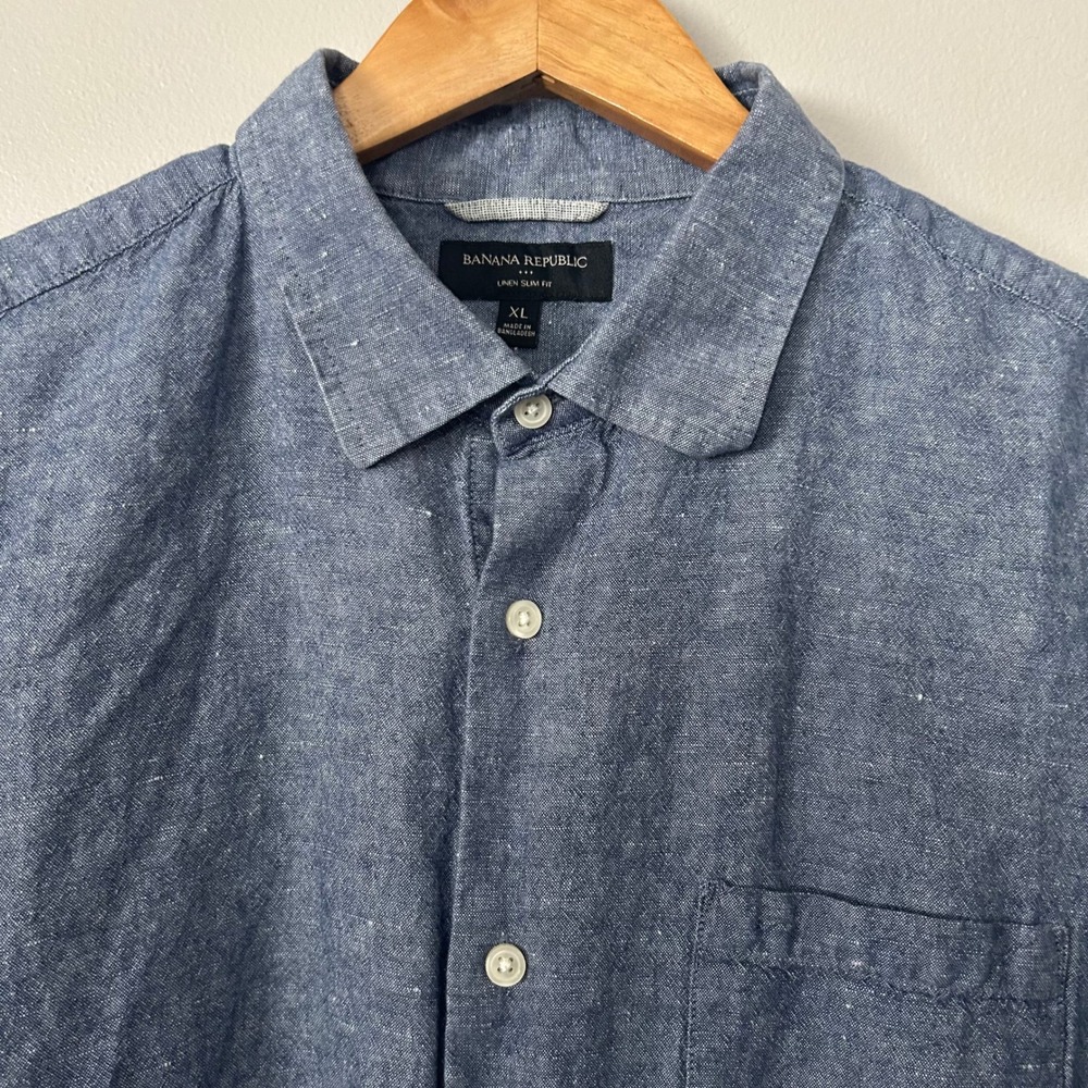 Banana Republic Shirt Mens XL Blue Linen Blend Slim Fit Button Down Chambray
